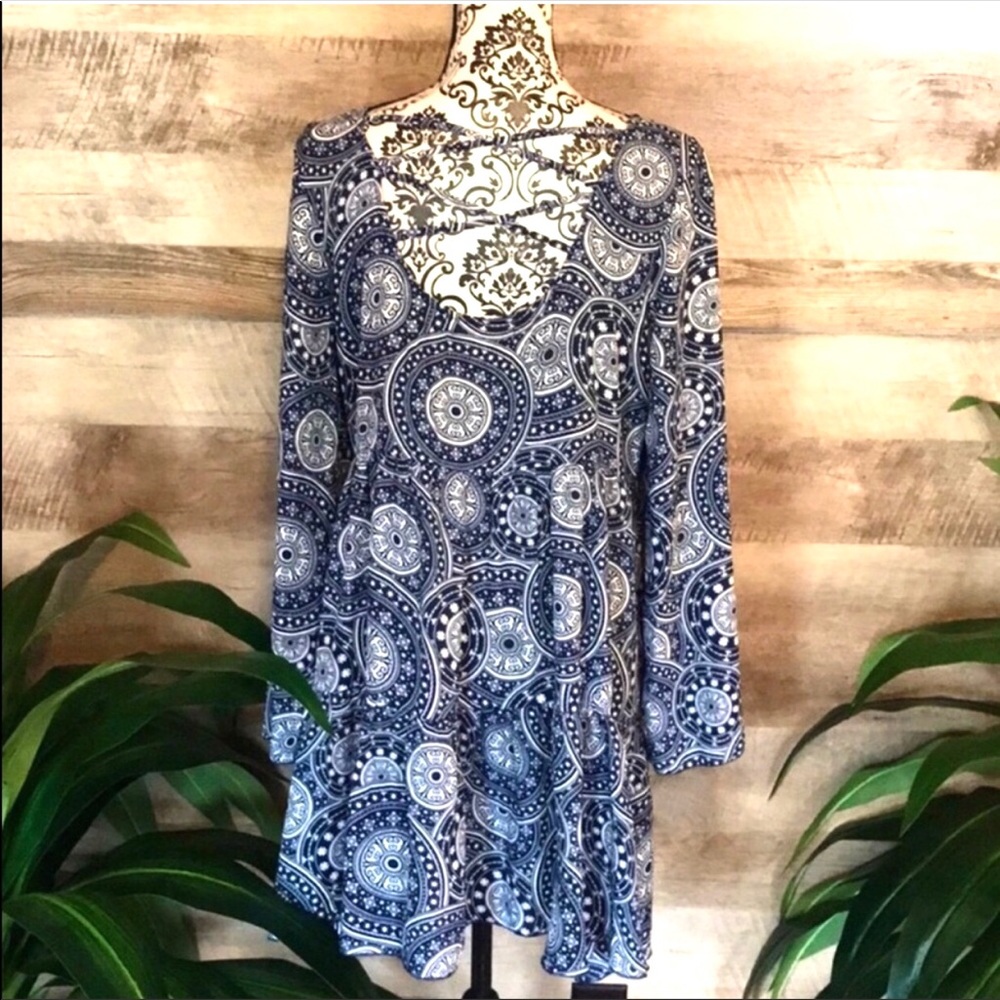 Lace Up Back Medallion Print Navy Dress